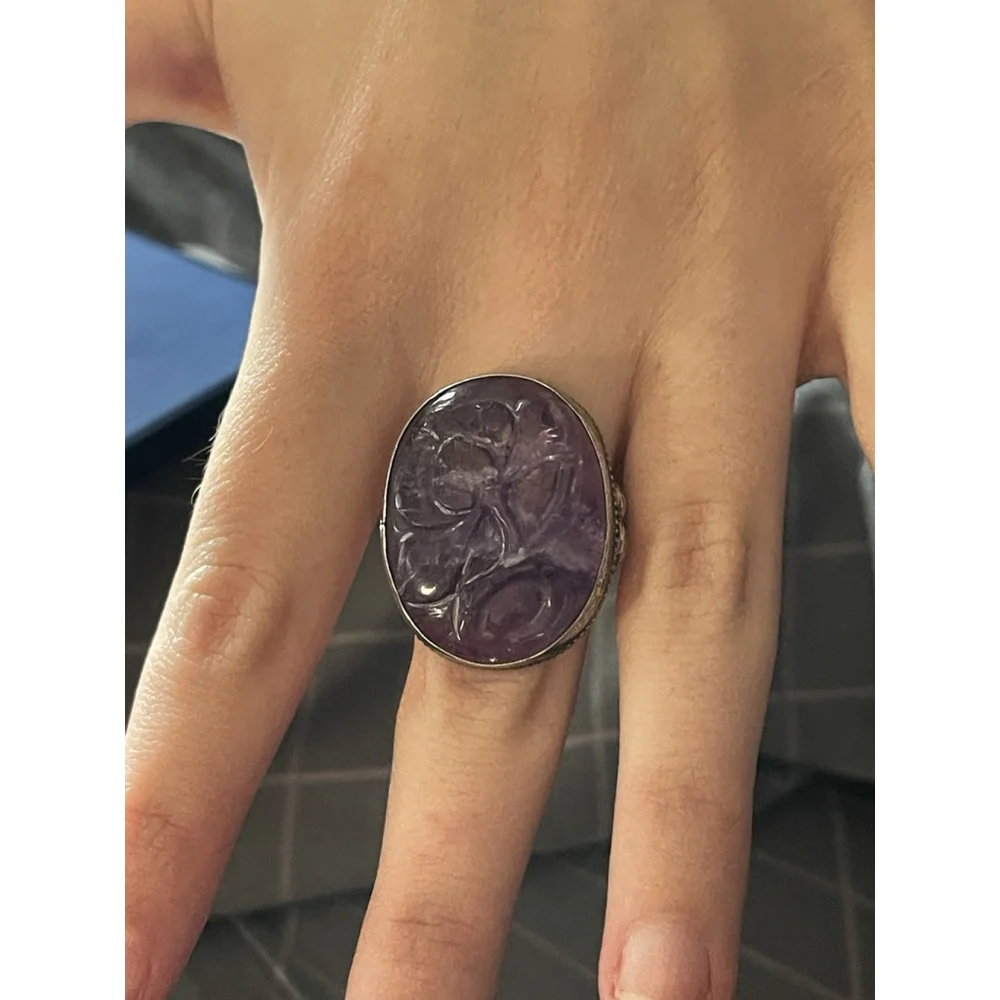 Vintage Hand Carved Amethyst Art Nouveau Silver Flower Ring Sterling 4.5
